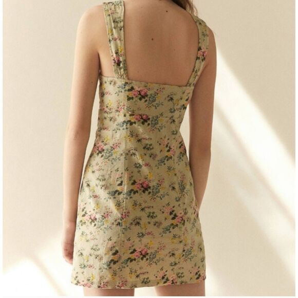 Laura Ashley & Urban Outfitters Button-Front Mini Dress Tan Floral Linen Sz M - Picture 2 of 9